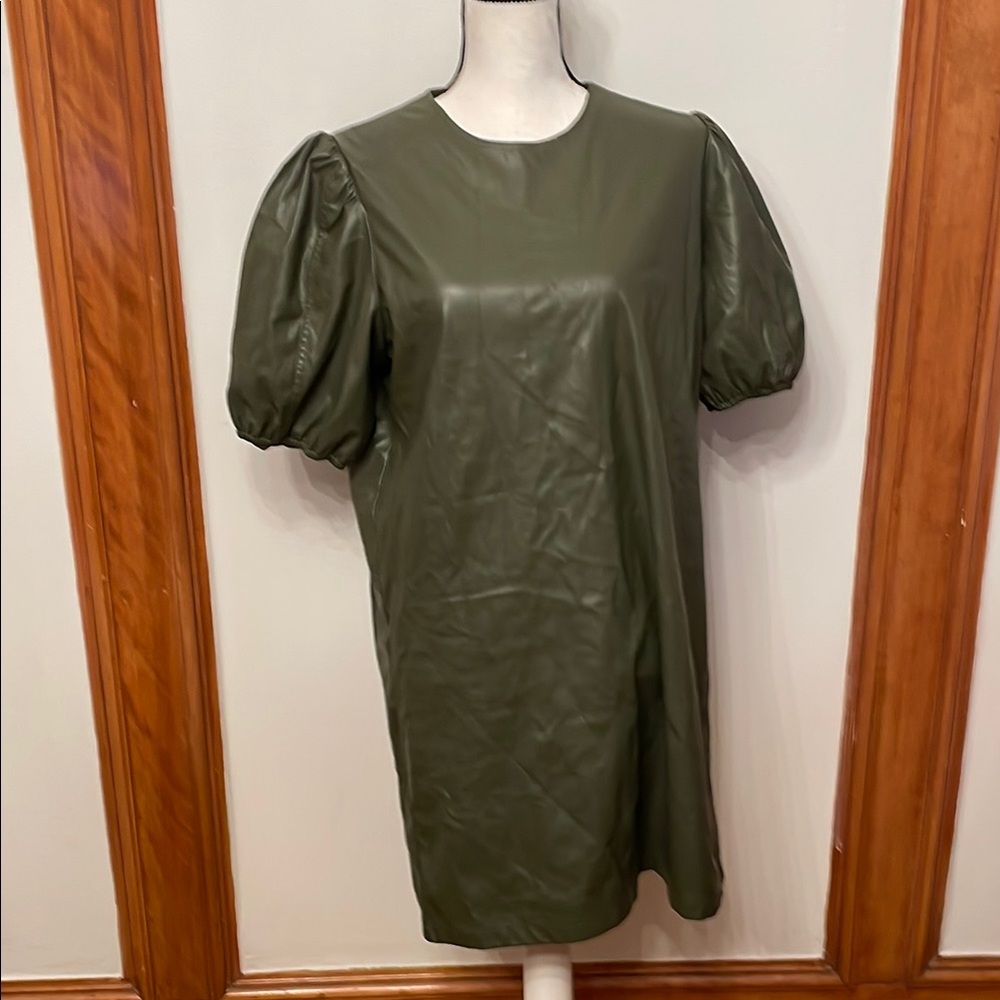 Green Puff Sleeve Crew Neck Sheath Dress